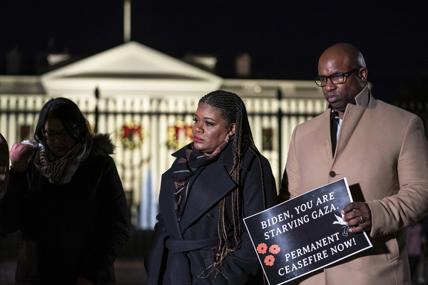 Reps. Cori Bush and Jamaal Bowman attend a vigil calling for a permanent ceasefire in Gaza.